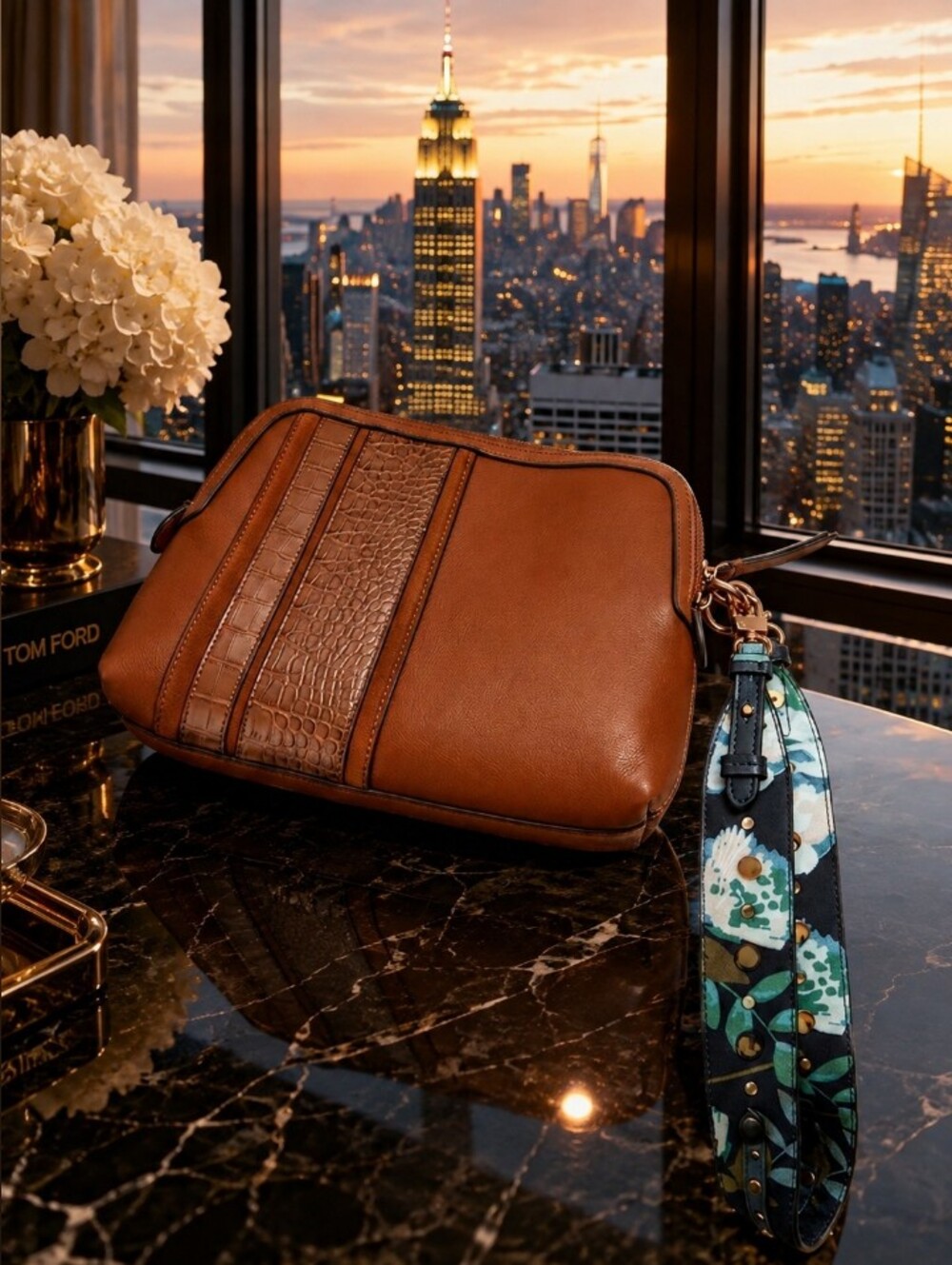 RFID Blocking Leather Purse with Floral Strap